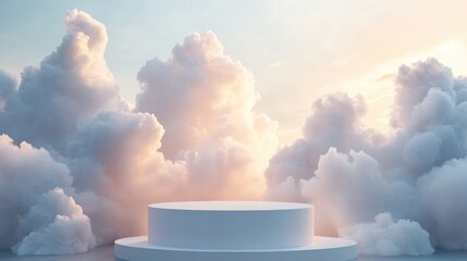 Soft podium backdrop for product display with dreamy cloudscape background