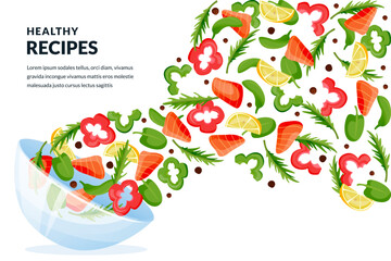 Salmon, greens and vegetables salad flying from glass bowl. Vector illustration. Healthy cooking recipes design elements