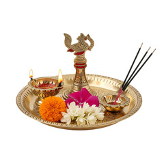 Indian hindu god puja Aarti plates with burning lamp and flowers on White background PNG file 