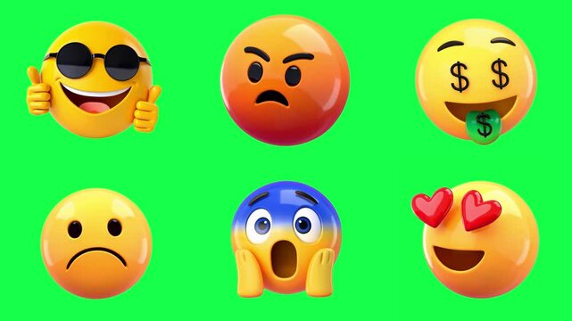 Colorful expressive emoji collection animation, transparent 4K video, green screen set