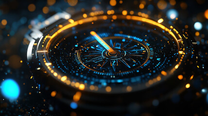 A sleek digital compass projected from a smartwatch with glowing lines pointing north in a futuristic tech design