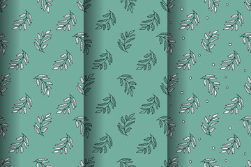 Set of three beautiful natural seamless plant patterns in black and white on  green background. Plant of environment. Flat design. For wallpaper, textiles, packaging, background, website.