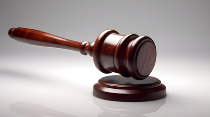 A wooden gavel resting on its block against a light gray background with subtle reflections visible