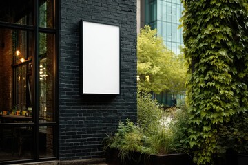 A blank, rectangular sign mounted on a dark brick wall outside a building, with greenery and part of a glass storefront visible