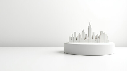 Monochromatic miniature cityscape, isolated on white background, featuring iconic skyscrapers on a circular platform