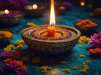 Glowing Candle Flame in Ornate Golden Bowl with Colorful Flower Petals for Celebration