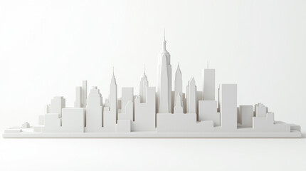A pristine white model of the new york city skyline, isolated on white background, showcasing iconic skyscrapers in minimalist form