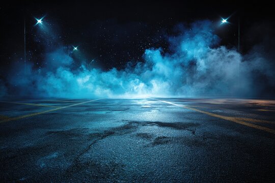 A nighttime asphalt road scene with blue-tinged smoke and bright lights, creating a moody atmosphere - Powered by Adobe