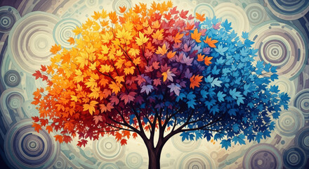Colorful Pixelated Tree With Orange And Blue Leaves Against Abstract Patterned Background