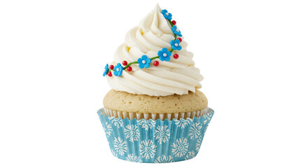 Elegant vanilla cupcake with swirl white frosting and delicate blue floral garland, ideal for birthday celebrations, baby showers, spring parties, or bakery promotions,
