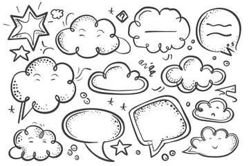 Hand drawn speech bubbles, comic style vector illustration set on a white background with different types of thought bubble shapes and doodle text boxes