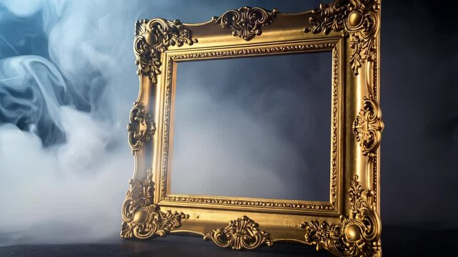 Ornate golden picture frame against a smoky background with dramatic lighting creating an artistic and elegant presentation.