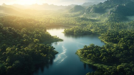 Obraz premium Lush valley with winding river and misty mountains. Sunlight streams through the trees