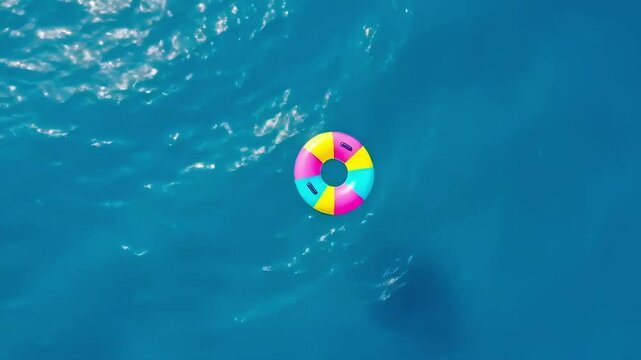 Round colorful pool float in bright turquoise ocean from bird's eye view for tropical vacation, beach holiday, and summer relaxation. Inflatable pool float in sea flowing gently through the water