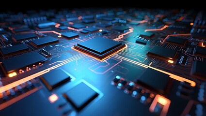 Futuristic Circuit Board with Glowing Neon Pathways