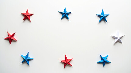 A patriotic array of red, white, and blue origami stars arranged in a circle, isolated on white background