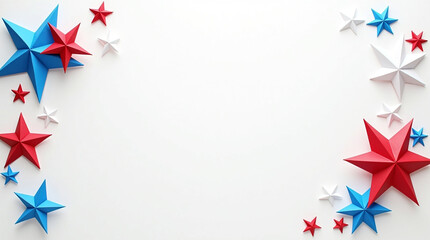 Festive red, white, and blue paper stars isolated on white background, scattered in a patriotic display