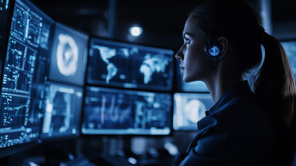 Woman working in a dark high tech control room interpreting digital intelligence feeds cinematic realism stock photography style