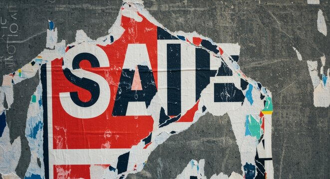 Close-up of a distressed red poster with the word "Sale" in torn, peeling paper layers on an urban wall. Grunge street advertising texture background.