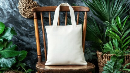 Empty tote bag resting on a wooden chair surrounded by lush greenery.