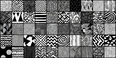 A collage of 48 monochrome square tiles, each showcasing a distinct hand-drawn pattern featuring geometric, abstract, and organic motifs in black and white