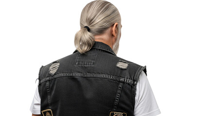 Back view of a rugged man with a grey ponytail and black distressed denim vest, isolated on white & transparent background. Ideal for fashion editorials, lifestyle blogs, motorcycle advertising,