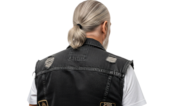 Back view of a rugged man with a grey ponytail and black distressed denim vest, isolated on white & transparent background. Ideal for fashion editorials, lifestyle blogs, motorcycle advertising,