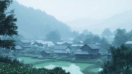Fototapeta premium Misty mountain village nestled in a valley. Tranquil rural scene with traditional houses