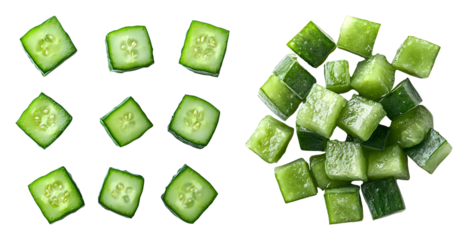 Square cucumber slices are arranged on a black backdrop with a pile of diced cucumbers on the right top down view