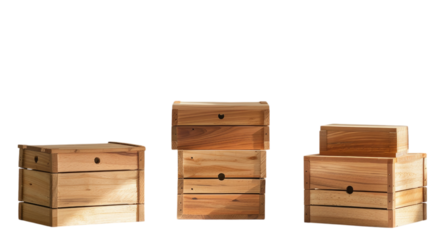 PNG. 4 wood boxes in different sizes, front view, white background, wooden slats, product photography