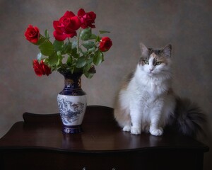 Beautiful tricolor cat with bouquet red roses