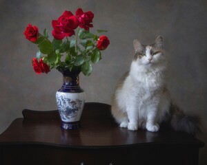 Beautiful tricolor cat with bouquet red roses