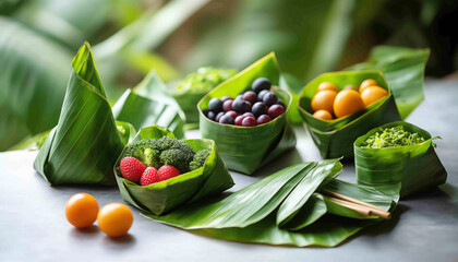 Biodegradable food packaging made from pressed banana leaves, wrapping fresh produce on a clean production surface. Natural green texture and soft lighting create an eco-rustic feel