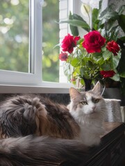 Beautiful tricolor cat with bouquet red roses