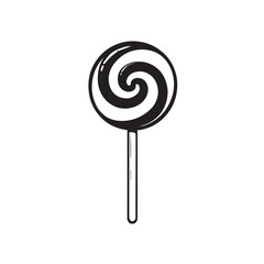 Black and white swirl lollipop candy on stick illustration