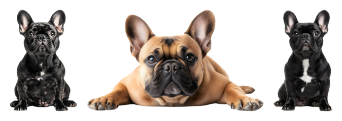 Three French Bulldogs two black dogs sitting one fawn dog lying down all facing forward