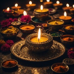 Arrangement of Lit Candles and Powdered Pigments in Decorative Bowls