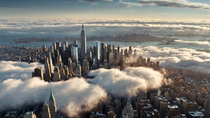 New york city skyscrapers pierce through a sea of clouds, bathed in the warm glow of the morning sun