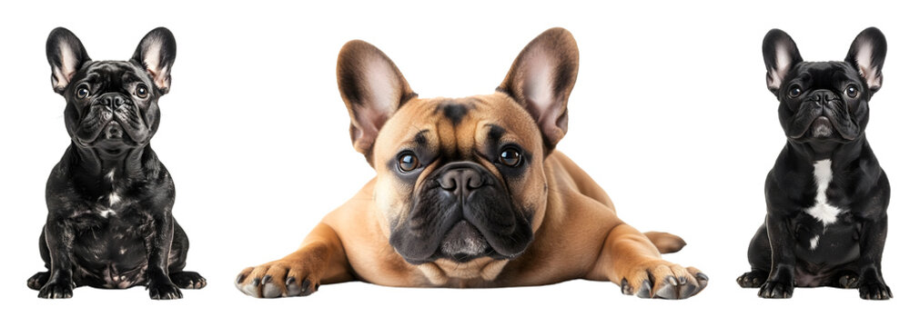 Three French Bulldogs two black dogs sitting one fawn dog lying down all facing forward