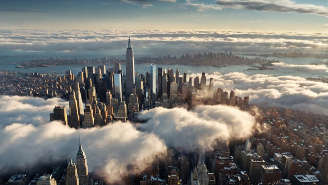 New york city skyscrapers pierce through a sea of clouds, bathed in the warm glow of the morning sun