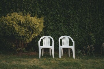 Two white plastic chairs sit on a grassy lawn before a dense green hedge and a smaller, light-green bush
