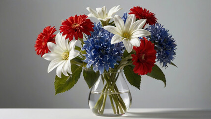 A vibrant bouquet of red, white, and blue flowers arranged in a clear glass vase, evoking a patriotic and celebratory atmosphere