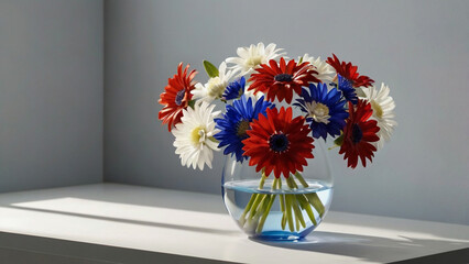 A vibrant bouquet of red, white, and blue gerbera daisies arranged in a clear glass vase, resting on a white surface against a soft gray background