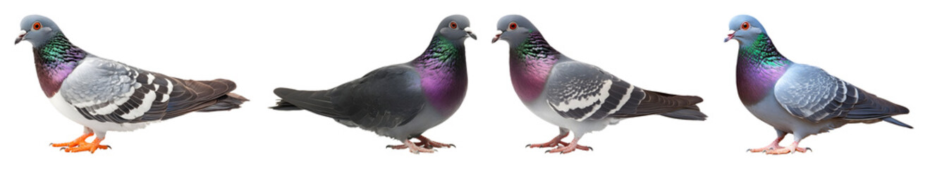 Naklejka premium Four Rock Pigeons In Various Poses With Grey Purple And Iridescent Green Plumage Isolated On A Transparent Background