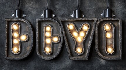 Rustic, vintage-style letters illuminated with Edison bulbs.