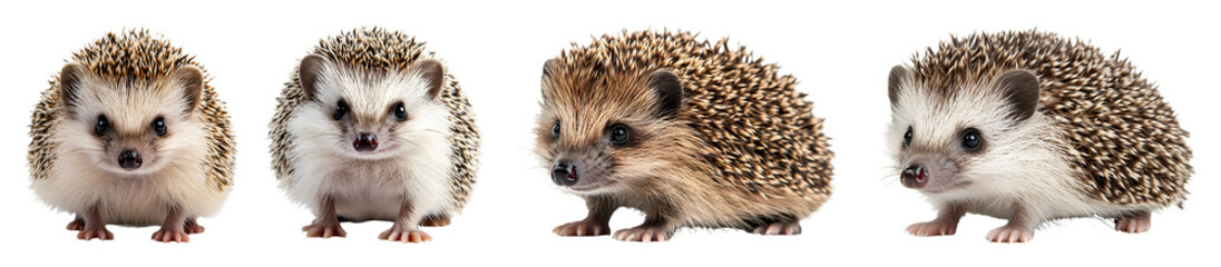 Fototapeta premium Four Small Hedgehogs Showcasing Different Colors And Positions Are Presented On A Transparent Background Full Shot
