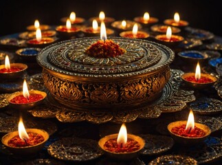 Ornate Candles Glowing in Festive Bowls Surrounding a Decorated Container