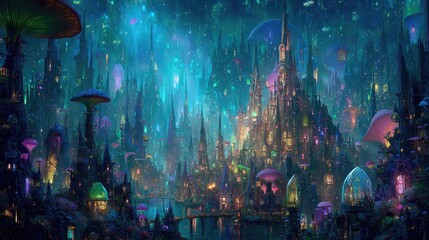 Glowing Fantasy Pixelated City At Night
