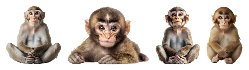 Four Monkeys Different Ages Sitting Isolated Against A Transparent Background Looking At The Camera Studio Shot