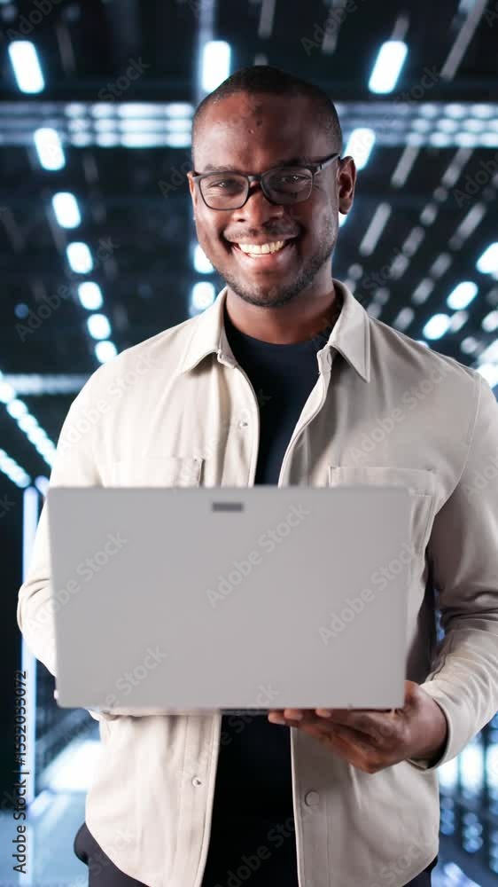 Poster Happy Engineer In Data Center Server Room Configuring AI